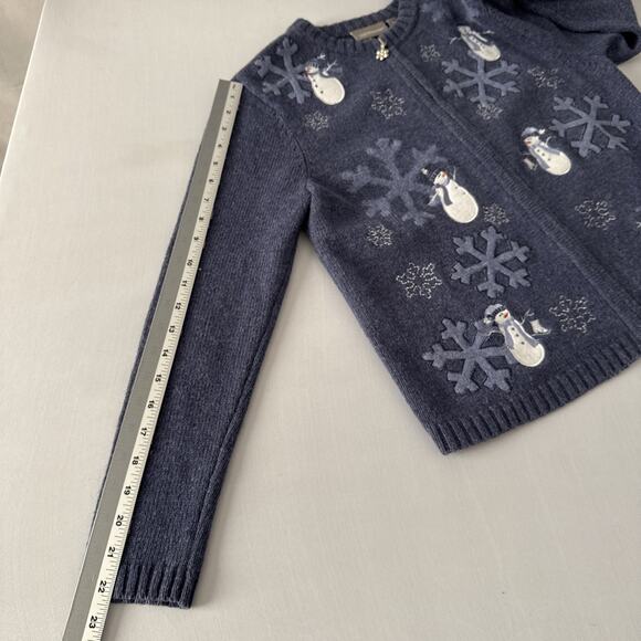 Women's Petite S Christmas Wool Blend Embroidered Snowmen Full Zip Cardigan Blue - Picture 9 of 10
